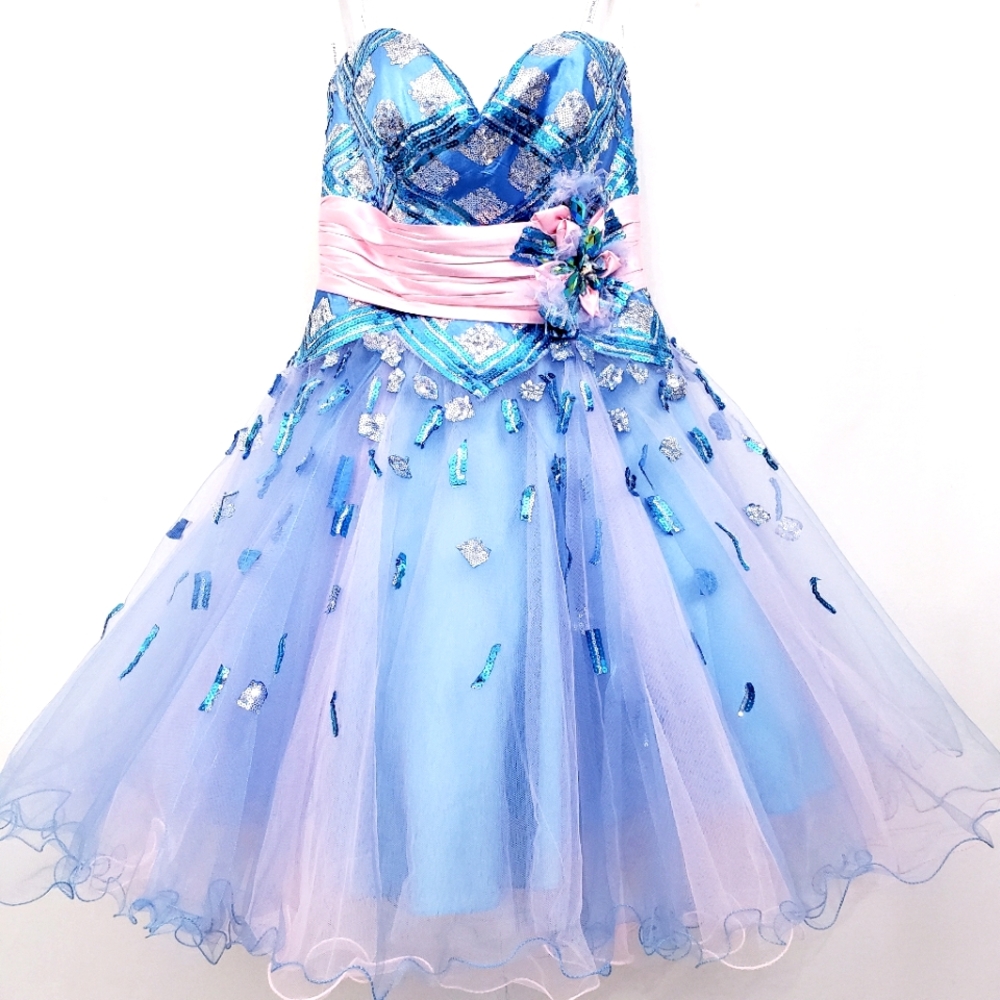 Nwt Tony Bowls Strapless Sweetheart Cotton Candy Pink/Blue  Sequin Tulle Dress